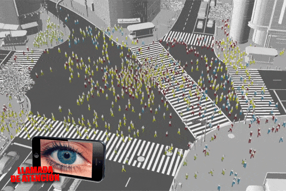 [Llamada de atención]: El cruce tokiota de Skibuya es el escenario elegido para mostrar las consecuencias de un mal uso del móvil en la calle.