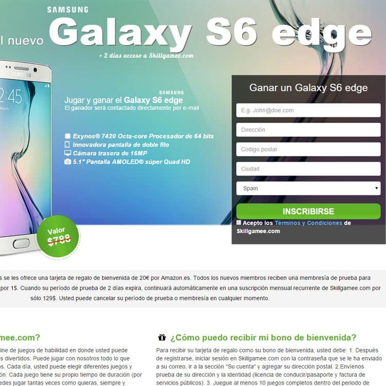 landing de Skillgamee con Samsung Galaxy S6 edge