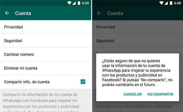 desvincular y vincular WhatsApp y Facebook