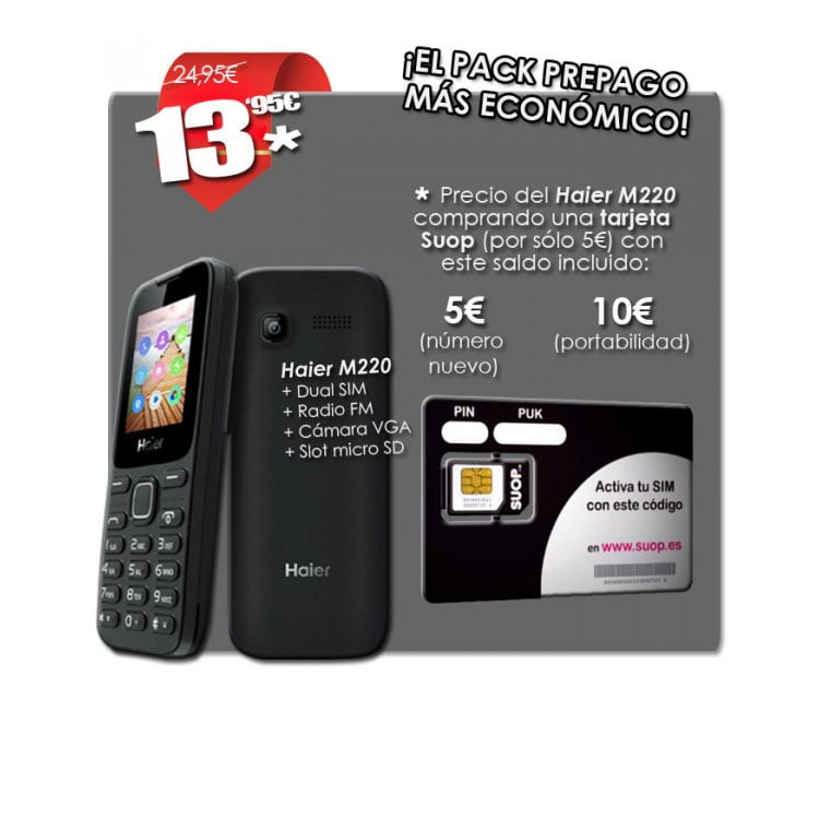 pack prepago de Suop con Haier M220 y hasta 10€ de saldo