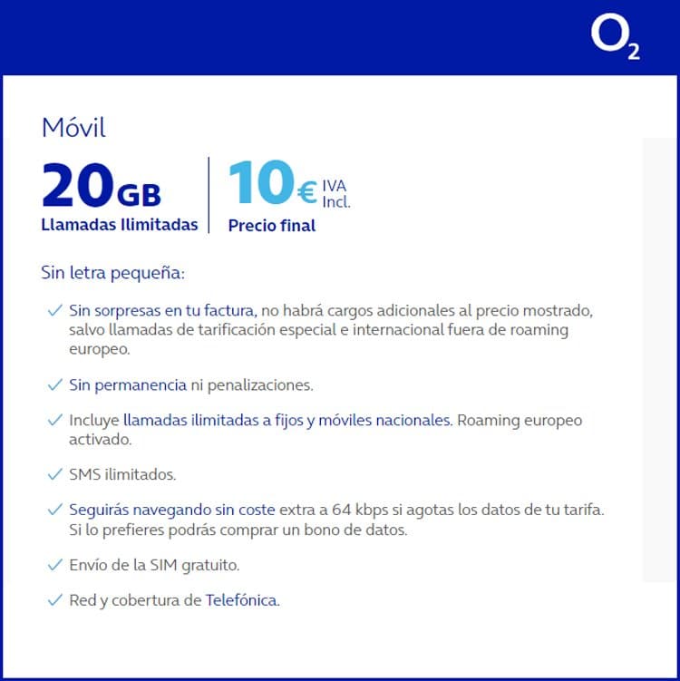 nueva tarifa móvil de O2 con 20GB por 10 euros al mes