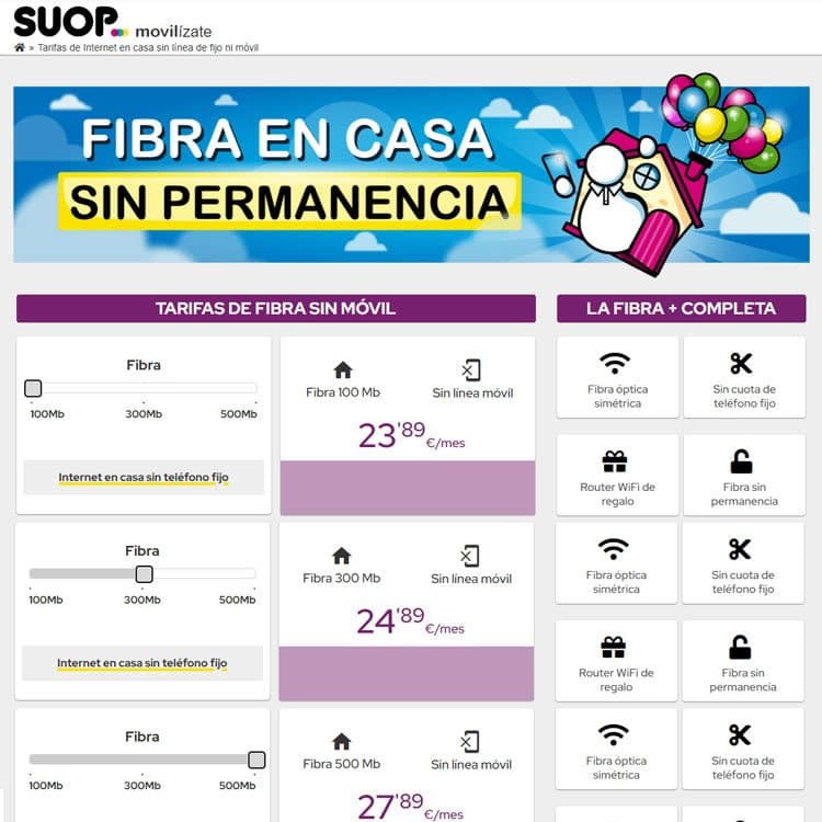 tarifas de solo fibra de Suop
