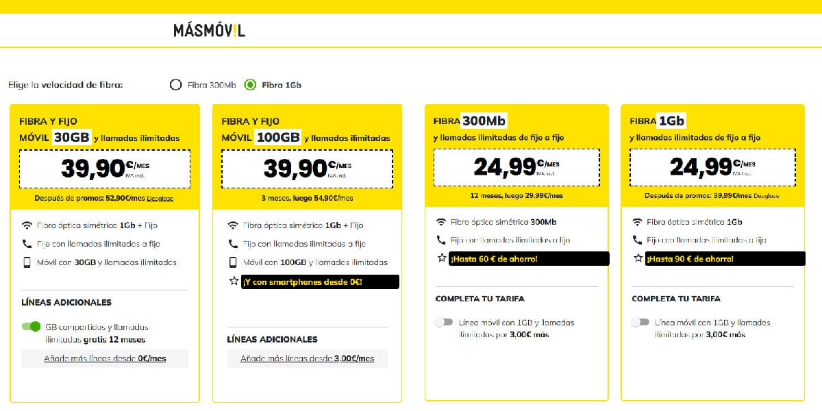 nuevas tarifas de fibra óptica de 1Gbps de Masmóvil