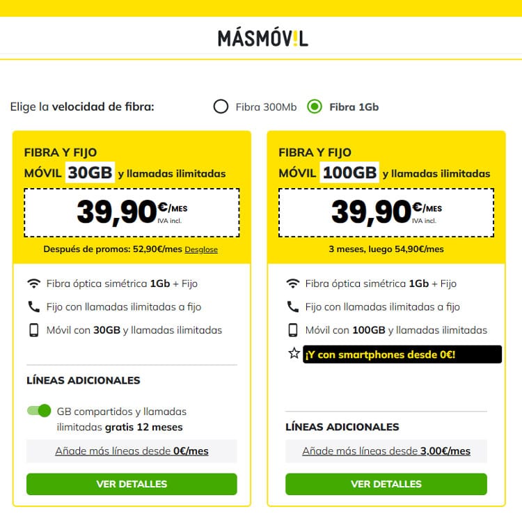 nuevas tarifas de fibra óptica de 1Gbps de Masmóvil