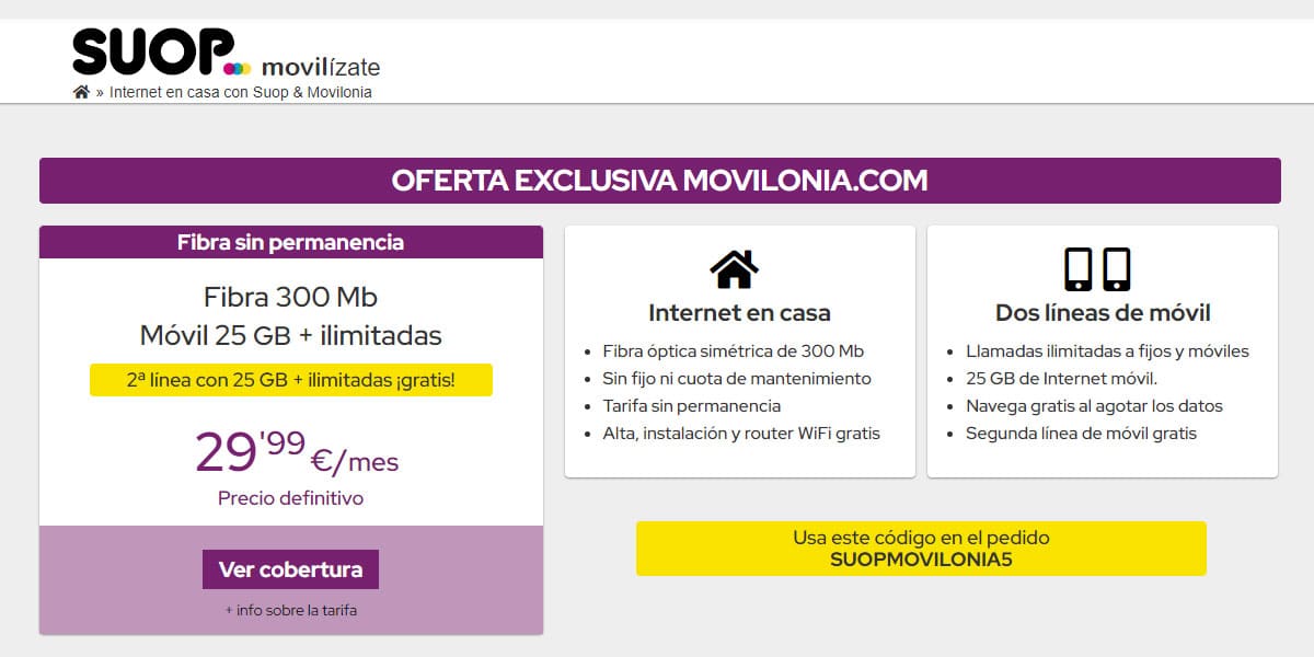 oferta de Suop con fibra de 300Mbps y 2 móviles con ilimitadas y 25GB por 29,99€/mes