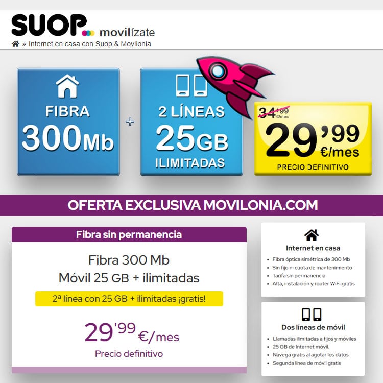 oferta de Suop con fibra de 300Mbps y 2 móviles con ilimitadas y 25GB por 29,99€/mes