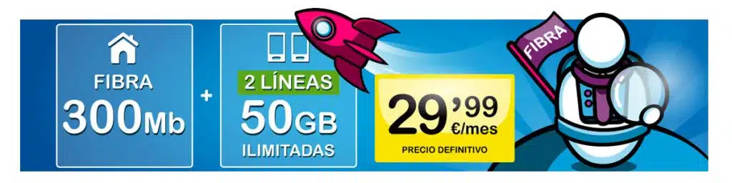 oferta de fibra con 300Mbps y 2 móviles de 50GB con Suop por 29,99€/mes