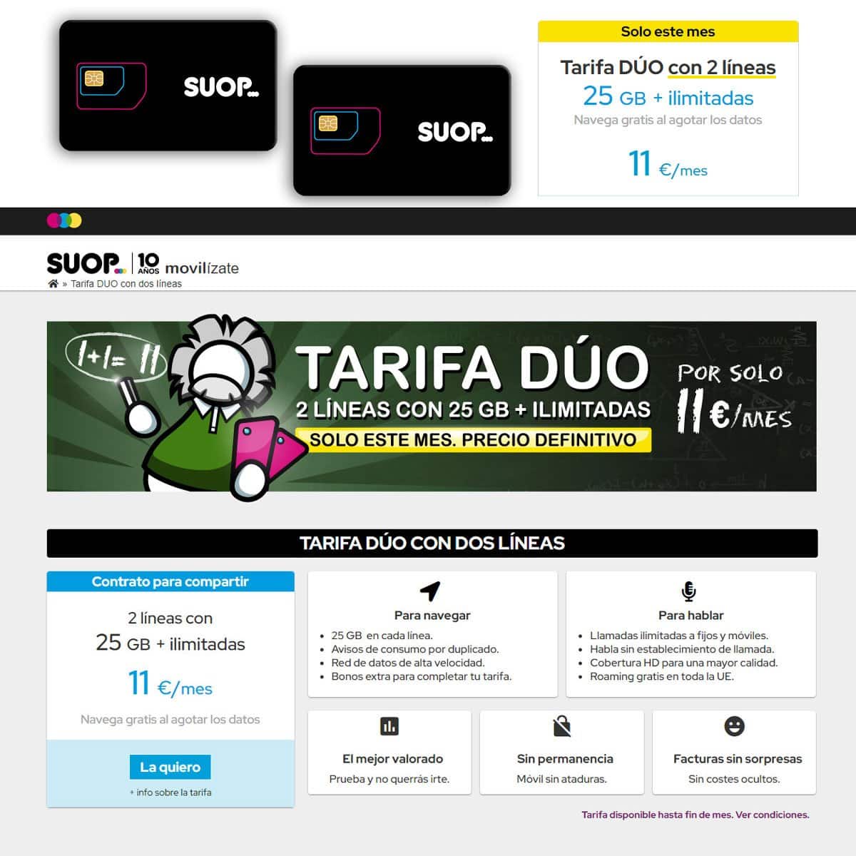 tarifa Dúo de Suop: 2 móviles con llamadas ilimitadas + 25GB por 11€/mes