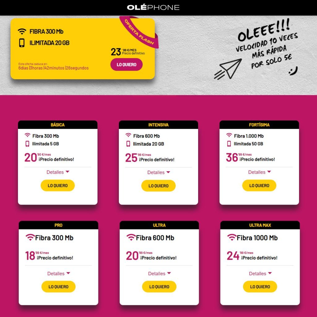 nuevas tarifas de fibra con o sin móvil de Olephone