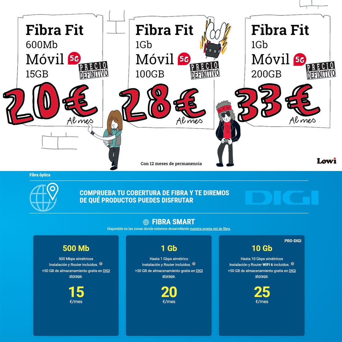 comparativa entre tarifas con fibra Fit de Lowi y fibra Smart de Digi