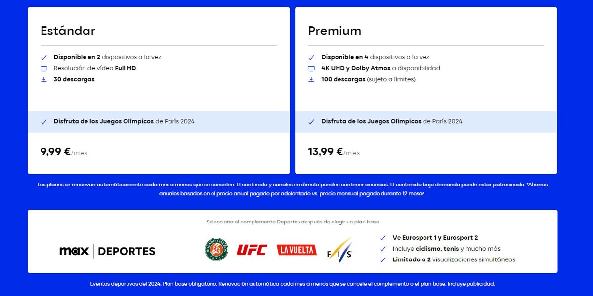 tarifas Estándar, Premium y Max Deporte