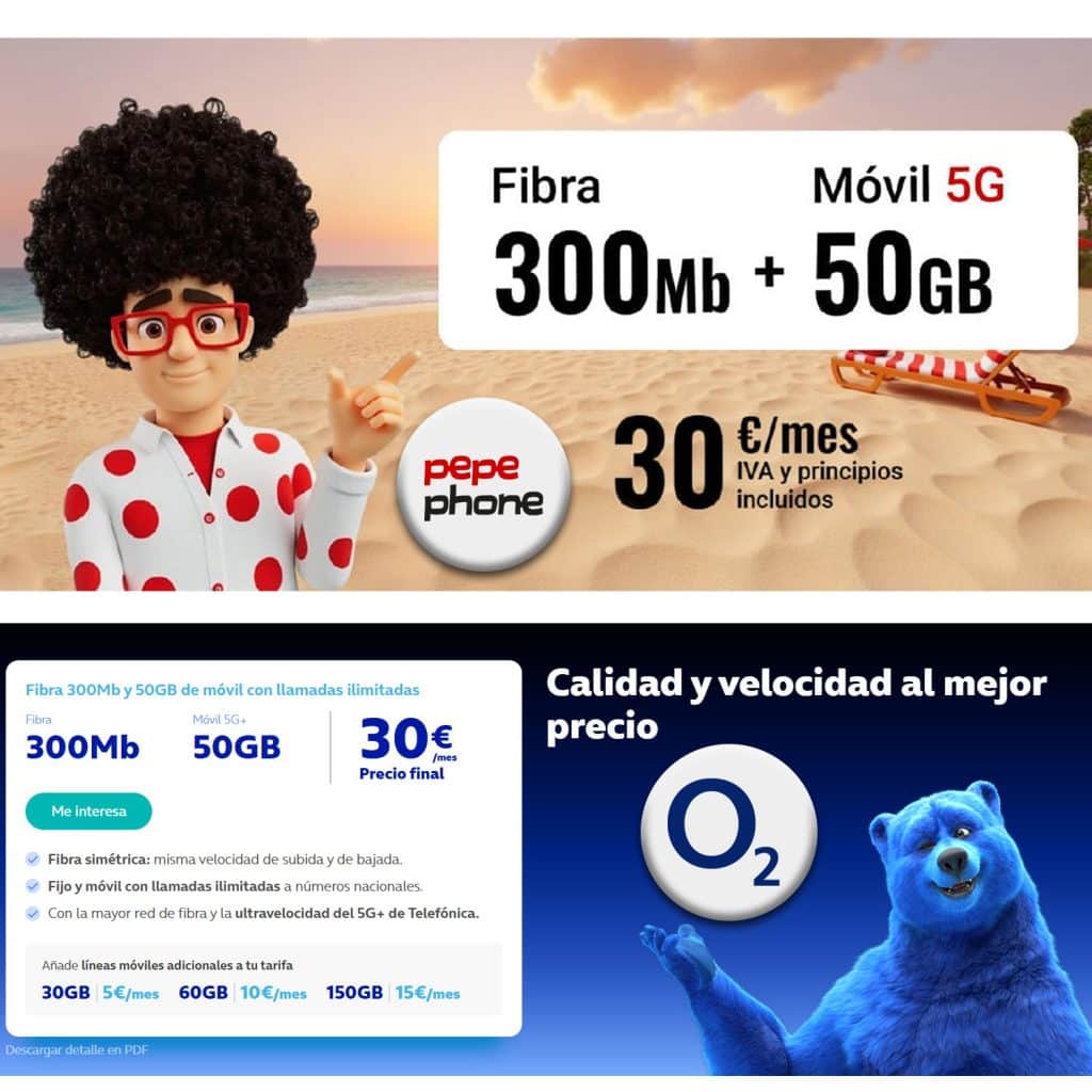 comparativa de tarifas de fibra y móvil de 30 euros de Pepephone y O2