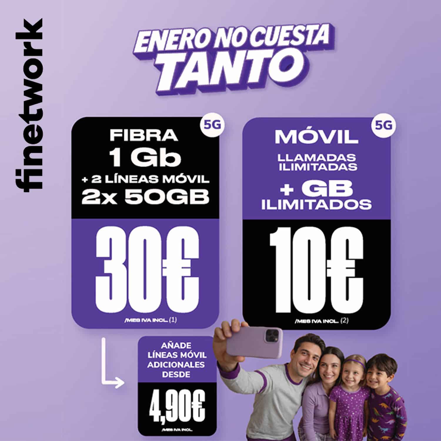 Tarifas de fibra + 2 móviles de Finetwork en enero de 2026