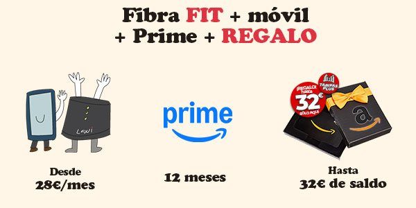Fibra FIT + móvil de Lowi + 12 meses de Amazon Prime + regalo de Tarifas PLUS de Movilonia